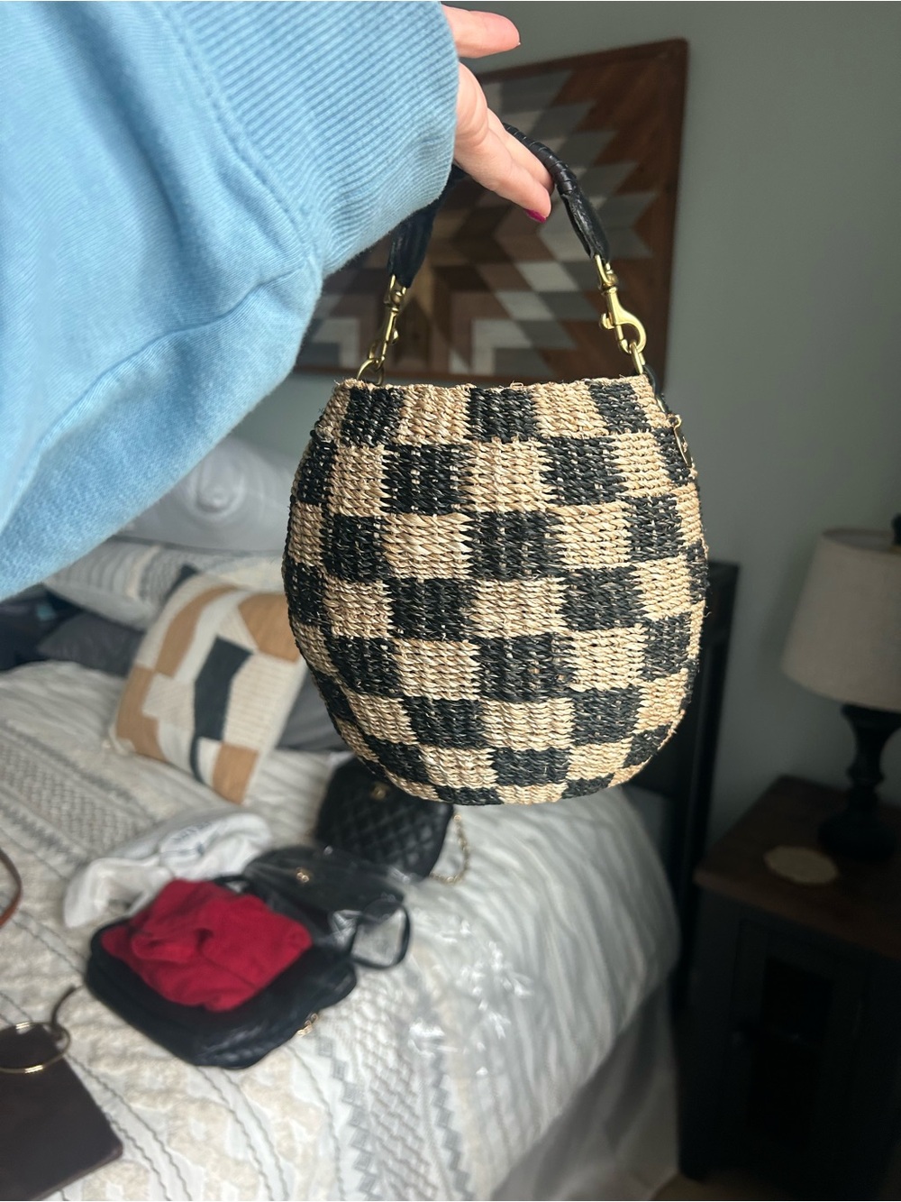 Clare V Pot de Miel Woven Checkered Straw Mini Handbag - Black & Natural
